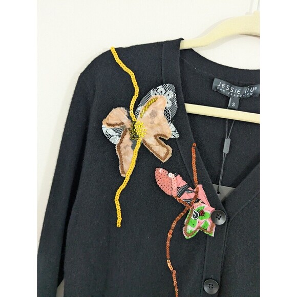 New Jessie Liu 100% Merino Wool Black Cardigan With Applique Chic Sz Small $295 - Picture 7 of 12
